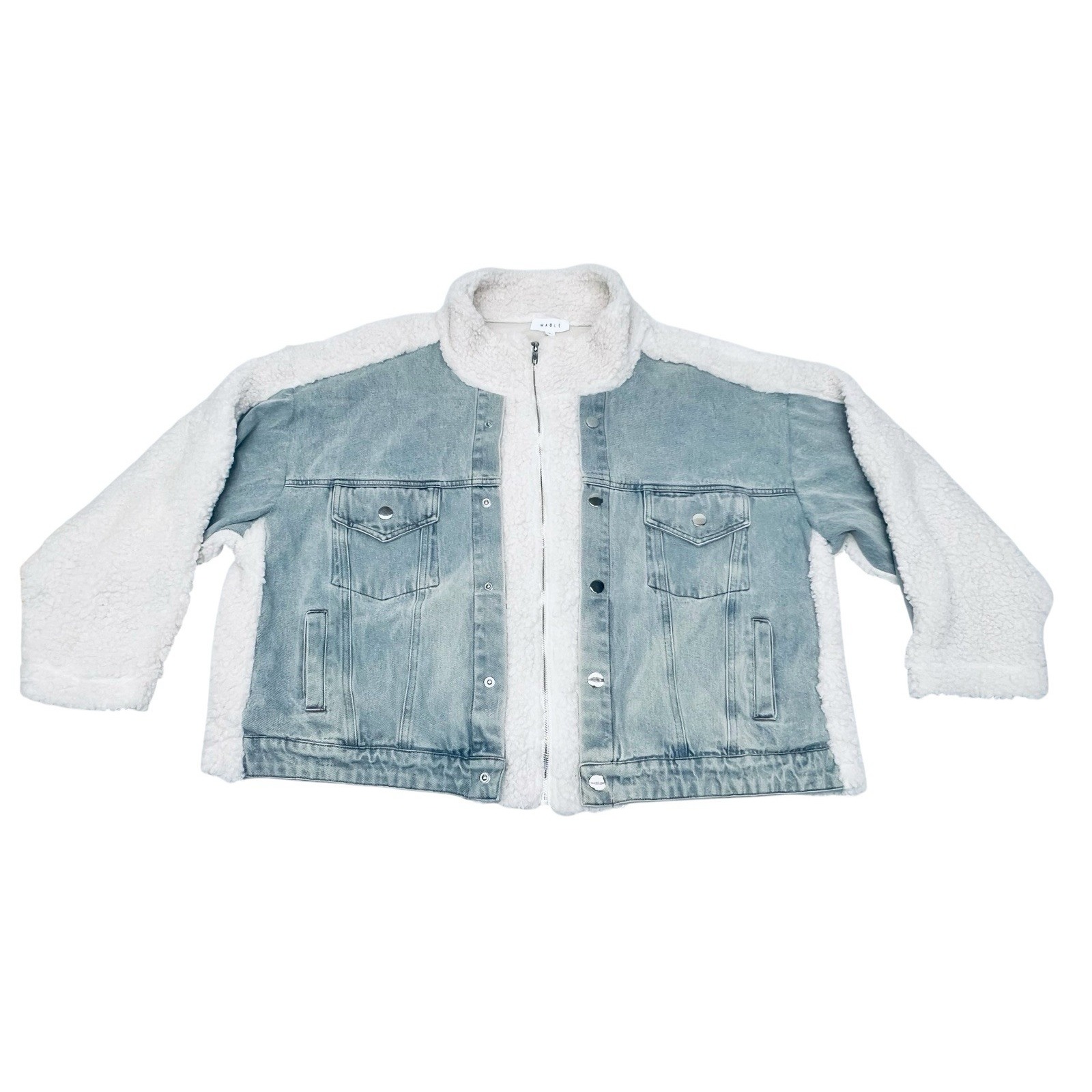 Mable Womens Off White Faux Fur Denim Jean Jacket Full Zip Front Buttons Size Xl